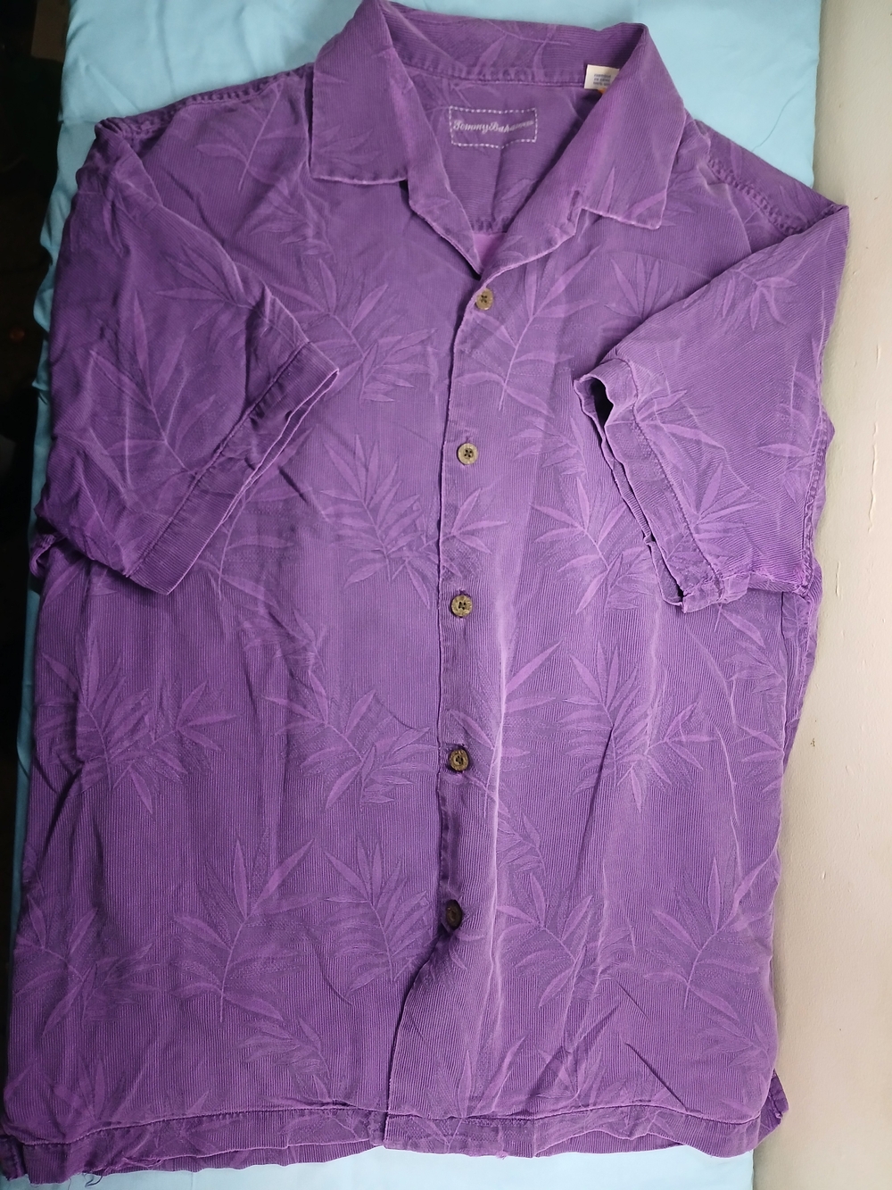 Tommy Bahama Purple Short-Sleeve Camp Shirt with Tonal Leaf Pattern